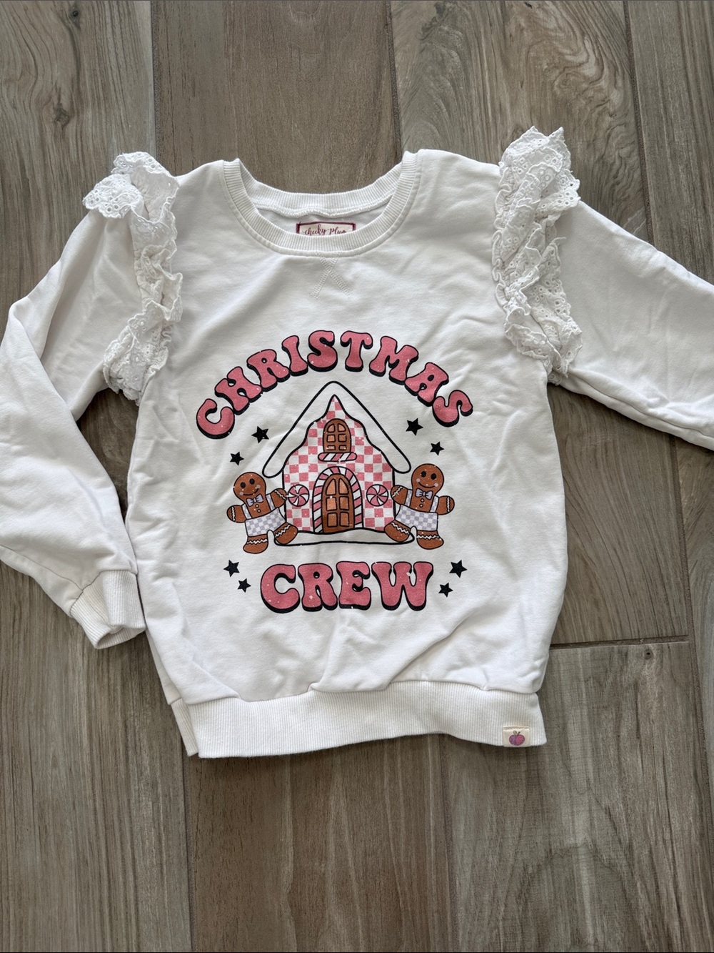 Christmas Crew White Girls' Gingerbread Sweatshirt with Lace Ruffle Shoulders